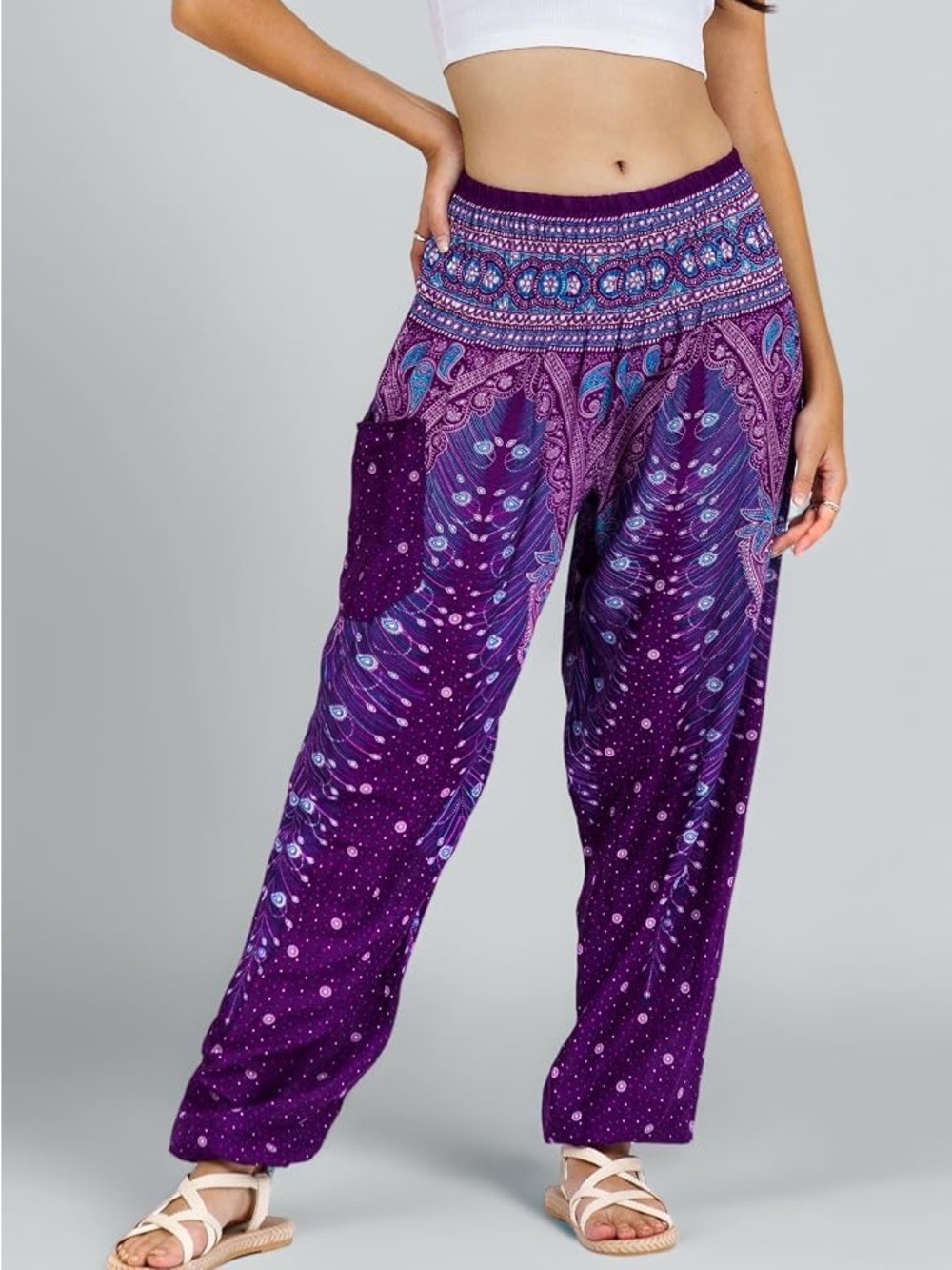 Hippie Harem Pants Purple Paisley Peacock Feather Medium